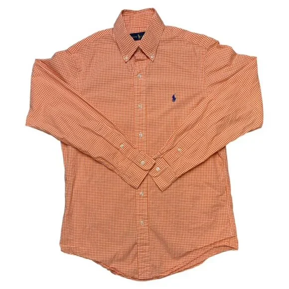 Ralph Lauren Mens Small Orange Gingham Check Long Sleeve Button Down Shirt - Picture 6 of 6